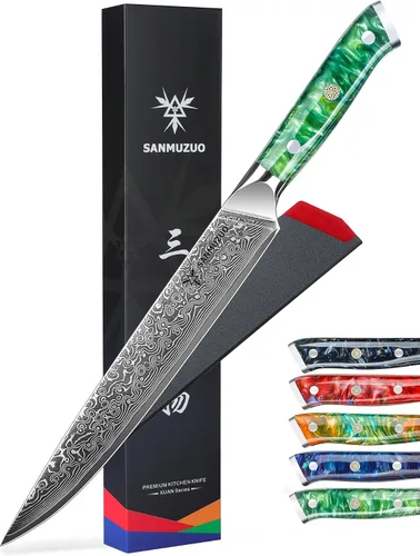 Cuchillo para cortar carne de cocina de 9 pulgadas, serie Xuan, VG10, acero de damasco con mango de resina (verde jade)
