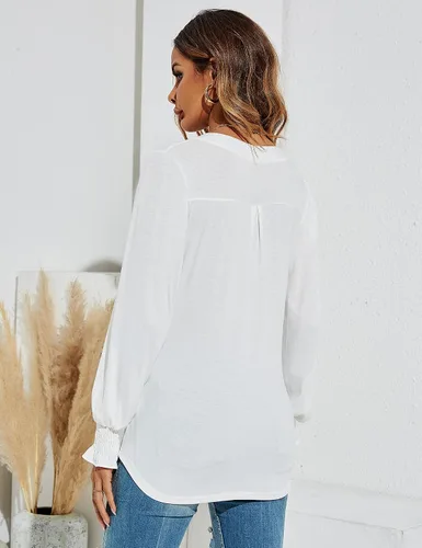 Miniatura 3 de Romanstii Camisetas casuales con cuello en V para mujer, blusas sueltas de manga larga abombada, plateado