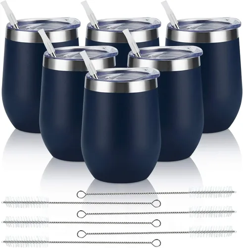 Miniatura 12 de Paquete de 12 vasos de vino de acero inoxidable, 12 onzas, doble pared, aislados al vacío, con tapas y pajitas, copas de vino sin tallo de acero Oro