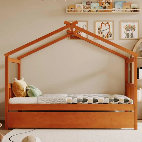 Miniatura 3 de Cama individual de casa con nido para niños, cama individual de madera con techo, marco de cama de plataforma de tamaño individual, cama con dosel