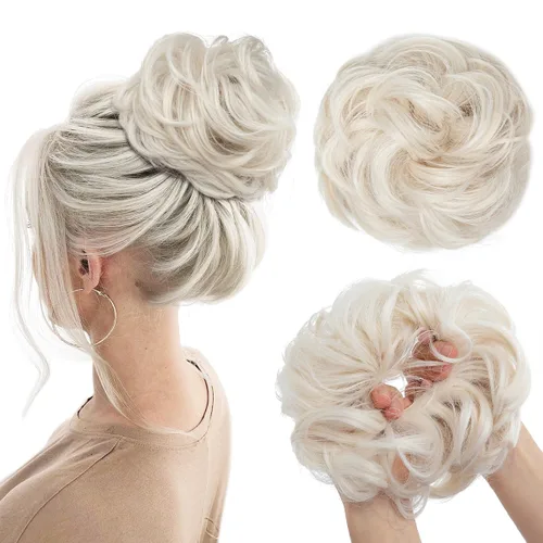 CJL HAIR Extensiones de cabello sintético de moño desordenado, ondulado, rizado, grueso, para coleta, para mujer (rubio blanco)