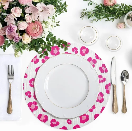 Miniatura 4 de Cute Pink Leopard White Round Place Mats, Heat Resistant Non Slip PVC Placemats Round for Kitchen one sizex4