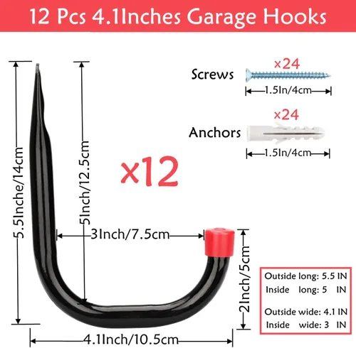 Miniatura 2 de Paquete de 12 ganchos en J de almacenamiento de garaje, perchas resistentes de 4.1 pulgadas para montaje en pared, color negro y rojo, 5.6 x 4.1 x
