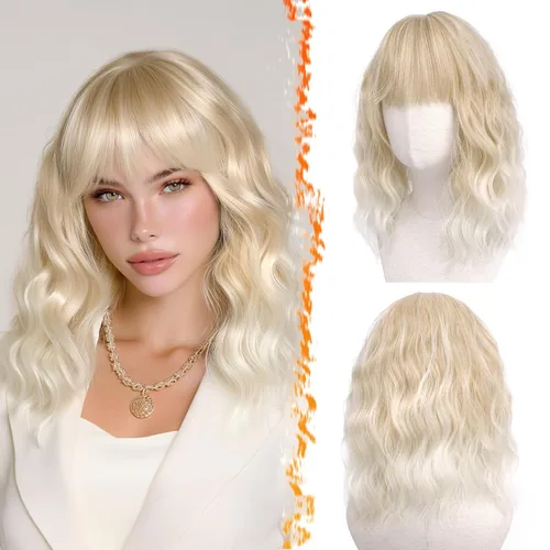 Miniatura 42 de BARSDAR Peluca rubia corta ondulada con flequillo, pelucas cortas onduladas de 14 pulgadas para mujer, pelucas sintéticas suaves hasta el hombro