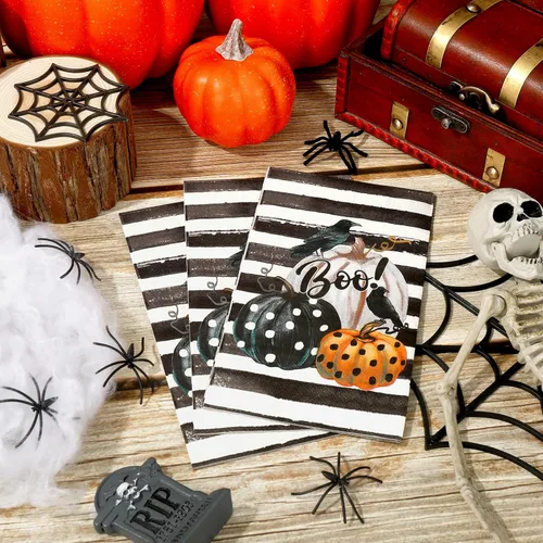 Miniatura 4 de Servilleta de papel de 3 capas desechable para invitados de Halloween, toalla de mano con rayas de calabaza y cuervo, servilletas de cena