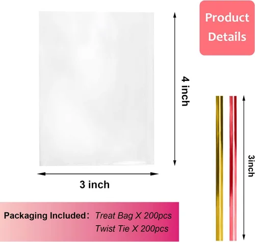 Miniatura 2 de Morepack Bolsas de celofán transparente de 3 x 4 pulgadas, 200 bolsas de plástico OPP con 200 lazos giratorios para envolver regalos, paletas