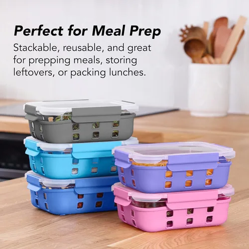 Miniatura 6 de ECOBERI Recipientes de vidrio para preparación de comidas con fundas de silicona, juego de 3 piezas de 4.5 tazas, almacenamiento de alimentos