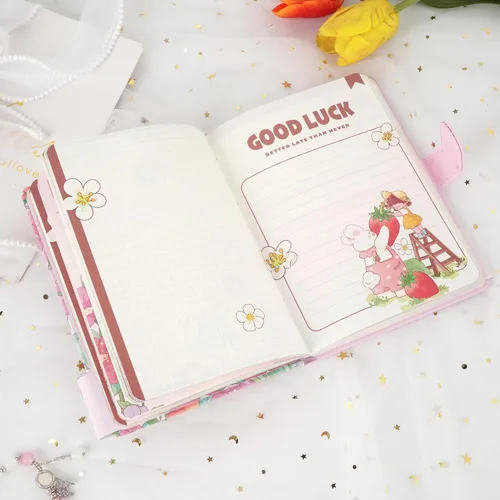 Miniatura 5 de Lindo cuaderno de dibujos animados kawaii, cuaderno de bocetos japonés con cubierta de cuero, cuaderno de notas, cuaderno de viaje, rosa claro