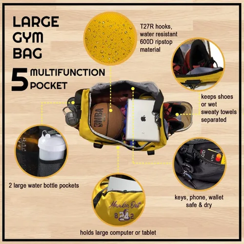 Miniatura 6 de Bolsa de lona Kobe para viajar. Bolsas de gimnasio deportivas para hombres, bolsa de transporte para viajes. Bolsa de lona amarilla de los Lakers