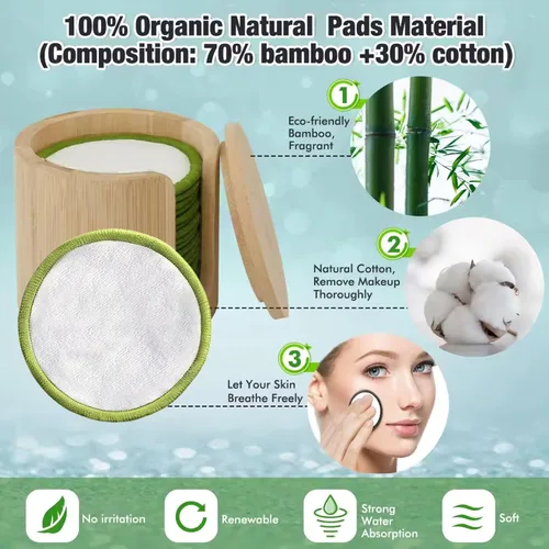 Miniatura 5 de ISA'S World - Almohadillas de algodón de bambú reutilizables para eliminar el maquillaje (paquete de 20) incluye bolsa de lavandería de algodón