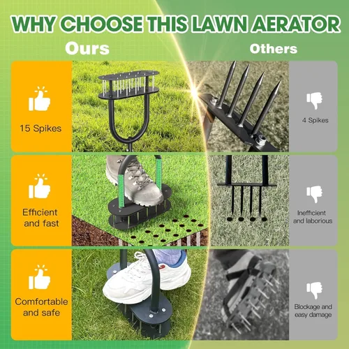 Miniatura 5 de Aireador de césped con diseño automático de limpieza de suciedad y hojas, 15 picos de hierro premontados, herramientas de aireación de césped