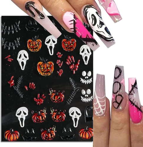 Miniatura 3 de Calcomanías de uñas de Halloween 5D, calcomanías acrílicas con ojos realistas, araña, hueso, en relieve, cráneo, fantasma, calabaza, araña
