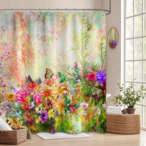 Miniatura 97 de Cortina de ducha floral para primavera y verano, flores silvestres, flores y mariposas, decoración de baño, tela impermeable con ganchos, 70