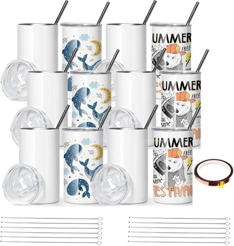 AGH Vasos de sublimación de 12 onzas con tapas y pajitas, vasos de acero inoxidable rectos y delgados para niños, vaso aislado al vacío de doble