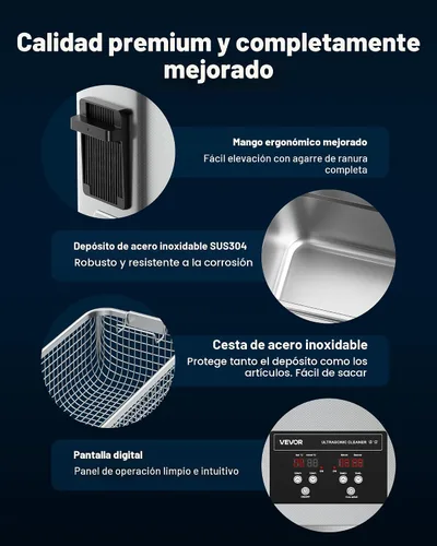 Miniatura 5 de VEVOR Limpiador ultrasónico de 6L, máquina profesional de limpieza ultrasónica con cesta de limpieza y pantalla digital, máquina de limpieza