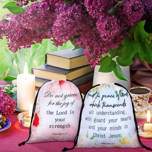 Miniatura 5 de Hosuly 24 mochilas religiosas de versículos bíblicos con cordón para sorteo cristiano, bolsa de regalo religiosa a granel, bolsa pequeña