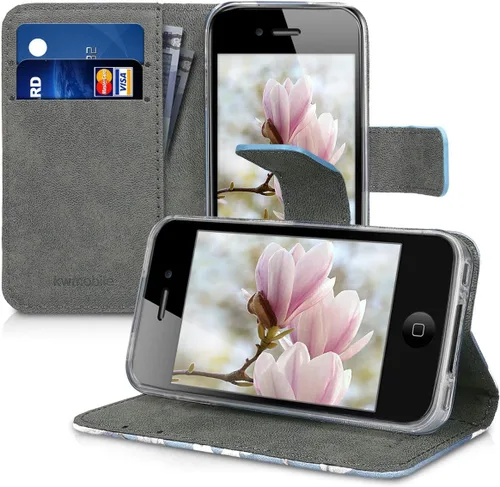 Miniatura 4 de kwmobile Funda tipo cartera compatible con Apple iPhone 4 y 4S, magnolias gris topo, blanco, azul y gris
