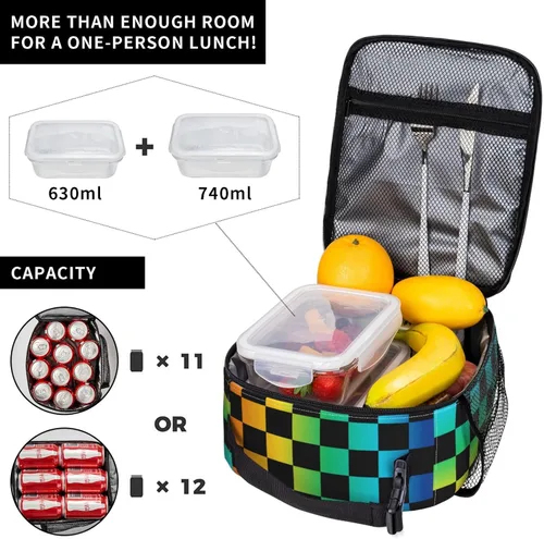 Miniatura 5 de Bolsa de almuerzo a cuadros negra y arco iris, portátil, reutilizable, con cremallera, para picnic, trabajo, oficina, viajes, escuela