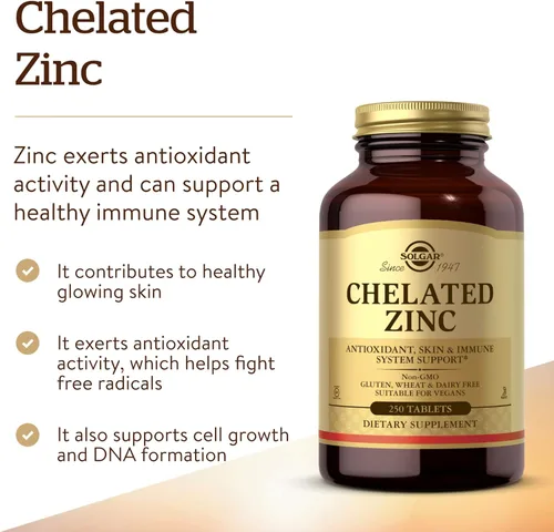 Miniatura 3 de Solgar Zinc quelado, 250 tabletas - Zinc para una piel sana - Apoya el crecimiento celular y la formación de ADN - Ejerce actividad antioxidante