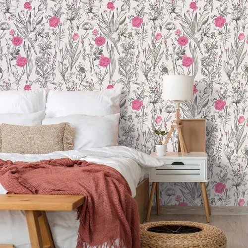 Miniatura 3 de VEELIKE Papel tapiz de dibujo floral gris para despegar y pegar, papel tapiz de flores rosas de 17.7 x 118 pulgadas, papel de pared botánico vintage