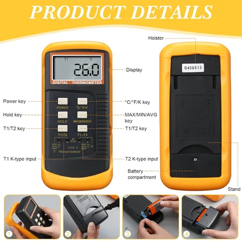 Miniatura 3 de Termómetro digital de termopar de 2 piezas tipo K HVAC de doble canal con 8 termopares de medición de temperatura máxima/min, -50 ~ 2,372.0 °F
