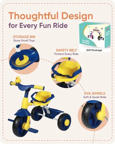 Miniatura 5 de KRIDDO - Triciclos 2 en 1 para niños de 18 meses a 3 años, ruedas EVA mejoradas, ideal para regalo para niños de 2 a 3 años, con mango de empuje