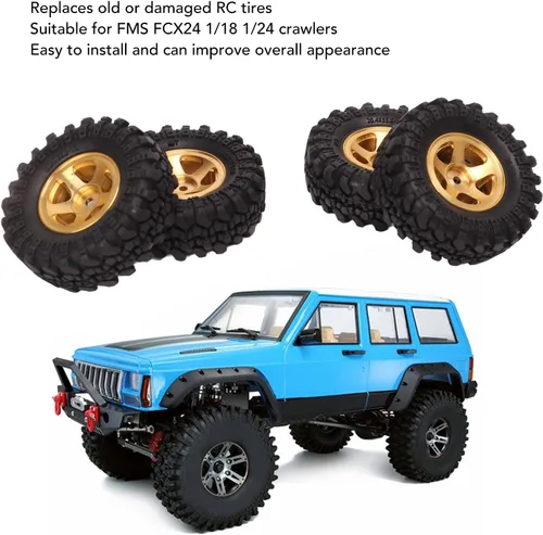 Miniatura 3 de VGEBY Ruedas de coche RC, neumáticos RC de 1 pulgada, cubo de rueda de latón, neumáticos de automóvil RC para FCX24 118 124 Crawler 4 piezas (dorado)