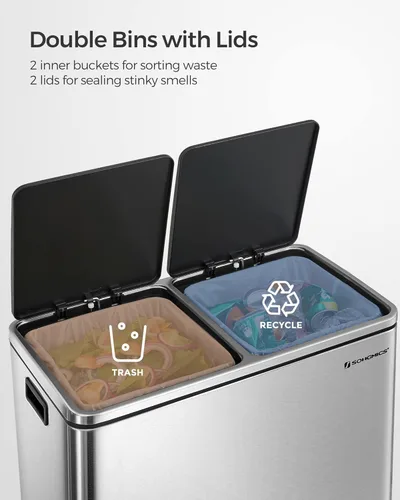 Miniatura 3 de SONGMICS Bote de basura, 2 botes de basura de 8 galones (2 x 30 L) para cocina, con 15 bolsas de basura, 2 compartimentos, cubos interiores de Plata