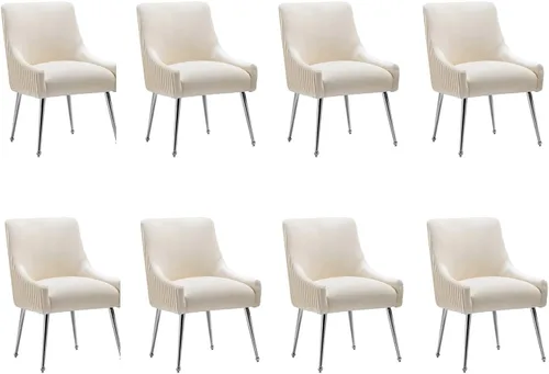 Miniatura 20 de Sillas de comedor de estilo moderno de terciopelo tapizado, silla de acento de tocador con barra vertical, silla capitonada con patas plateadas