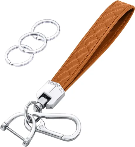 Miniatura 13 de OHKYOOT Llavero de cuero para muñeca, llavero de coche con 3 llaveros y anillo anti-pérdida (Negro)