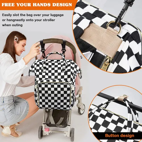 Miniatura 6 de Mochila para pañales para mamá y papá, bolsas cambiadoras de bebé impermeables multifuncionales, mochila grande para pañales cuadriculado