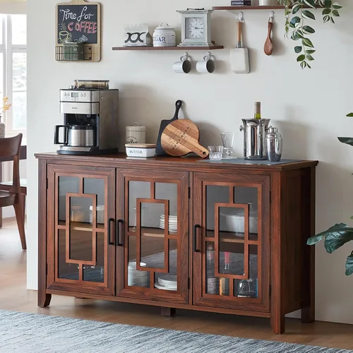 Miniatura 11 de Aparador Grande Buffet con Almacenamiento, 32" Mueble de Cocina Estilo Granja Azul Marino para Café y Vino con 2 Puertas de Vidrio, Mesa Aparador