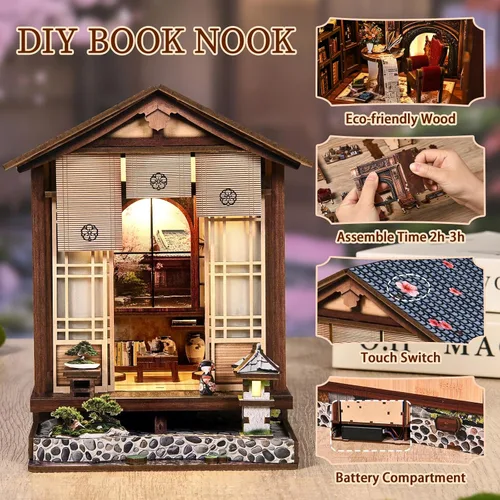 Miniatura 4 de Kit de rincón de libro, casa de muñecas japonesa, biblioteca, biblioteca de biblioteca, estantería de casa pequeña, rompecabezas de madera 3D, kit