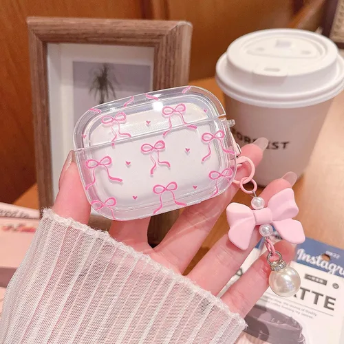Miniatura 2 de MINSCOSE Funda para AirPods Pro de 2ª/1ª generación, diseño de corazón con lazo de cinta femenina con bonito llavero de perla, funda protectora