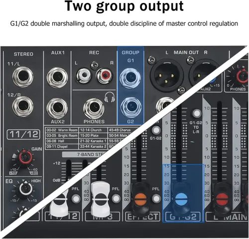 Miniatura 5 de W IN-MIX DX12 Mezclador de Audio Profesional DJ de 12 Canales con 99 Efectos DSP, EQ de 7 Bandas, Alimentación Fantasma Independiente de 48V y Botón