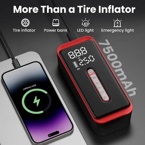 Miniatura 7 de ROTOPATA Inflador de neumáticos inalámbrico para neumáticos de automóvil, compresor de aire portátil de 150 PSI con batería de 7500 mAh, medidor