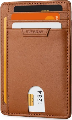 Miniatura 18 de Buffway Cartera delgada para hombres y mujeres, minimalista, pequeña, de cuero, con bolsillo frontal, con bloqueo RFID y caja de regalo, Bassa Mars