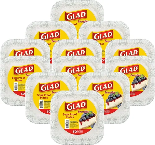 Miniatura 13 de Glad Platos cuadrados de papel desechables, patrón victoriano verde, fuertes, resistentes, a prueba de remojo y aptos para microondas para cena