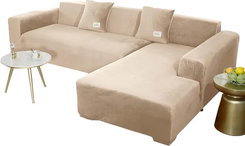 Miniatura 23 de Fundas de sofá seccionales, funda elástica de terciopelo en forma de L, funda de sofá suave antideslizante para sofá de esquina, beige, 2 plazas + 2