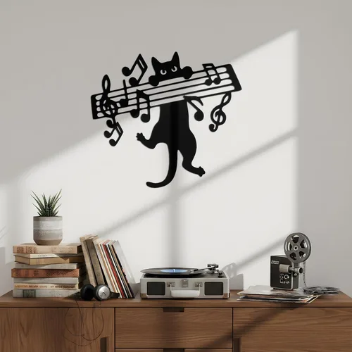 Miniatura 3 de Otoolling Notas musicales para decoración de pared con diseño de gato negro de metal, letreros musicales para colgar, decoración del hogar para sala
