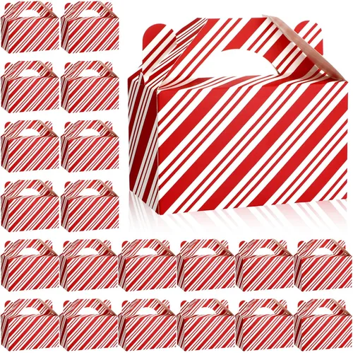 Cholemy 50 piezas de cajas de regalo de Navidad con asa, cajas de diseño rojo y blanco, cajas de galletas y dulces de Navidad, cajas de papel para