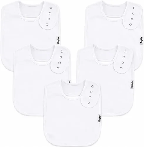 KiddyStar Drool Bibs for Babies – Organic, Unisex, Soft Absorbent Teething Bibs with Adjustable Snaps Paquete de 5 baberos blancos