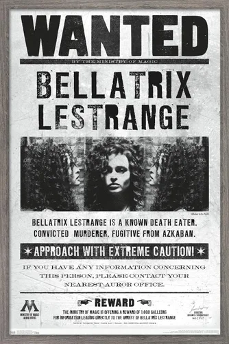 Trends International El mundo mágico: Harry Potter - Póster de Bellatrix Wanted, 14.725" x 22.375", versión con marco de madera tipo granero