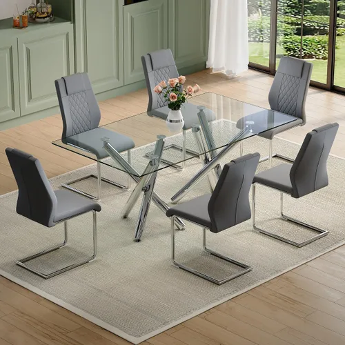 Miniatura 10 de Juego de mesa de comedor de cristal para 6,71 pulgadas, mesa de comedor para 6, mesa de cocina rectangular grande de vidrio templado y 6 sillas