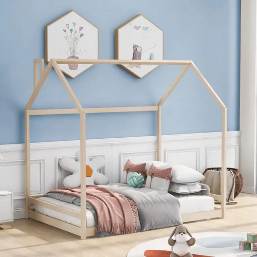 Miniatura 11 de HAUSHECK Montessori Cama para niños pequeños, cama de piso tamaño individual para niños y niñas, camas Montessori con rieles y techo, marco de cama