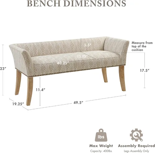 Miniatura 3 de Madison Park Banco decorativo para sala de estar, tapizado con ribete de cabeza de clavos y asiento acolchado para entrada, banco pequeño, banco