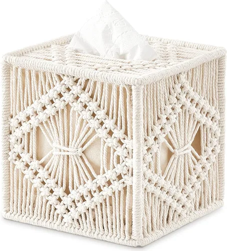 Miniatura 7 de Mkono - Funda para caja de pañuelos de macramé cuadrado con fondo abierto para organizador de pañuelos Boho Decoración hecha a mano tejida en cubo