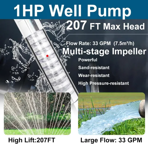 Miniatura 4 de Bomba sumergible de pozo profundo, bomba de pozo de 1 hp 115 V, 33 GPM, cabeza máxima de 207 pies, acero inoxidable, diámetro exterior de 4 pulgadas