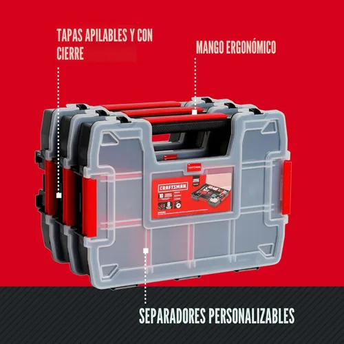 Miniatura 6 de CRAFTSMAN Organizador de almacenamiento, organizador de piezas pequeñas, 3 paquetes con 10 compartimentos, tapa incluye pestillo seguro (CMST60964M)