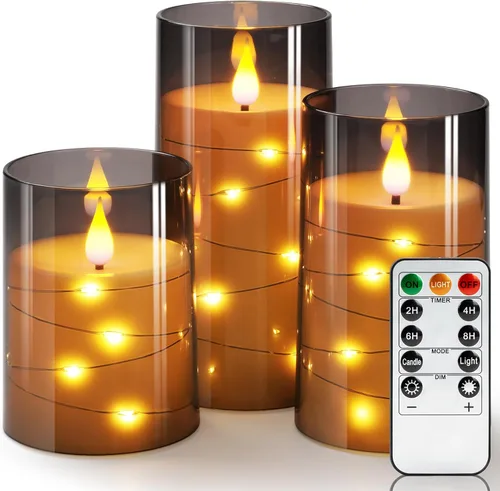 Miniatura 11 de Homemory Velas parpadeantes sin llama con tira de luces, velas que funcionan con pilas, luces LED de cadena integradas, vela de plexiglás irrompible